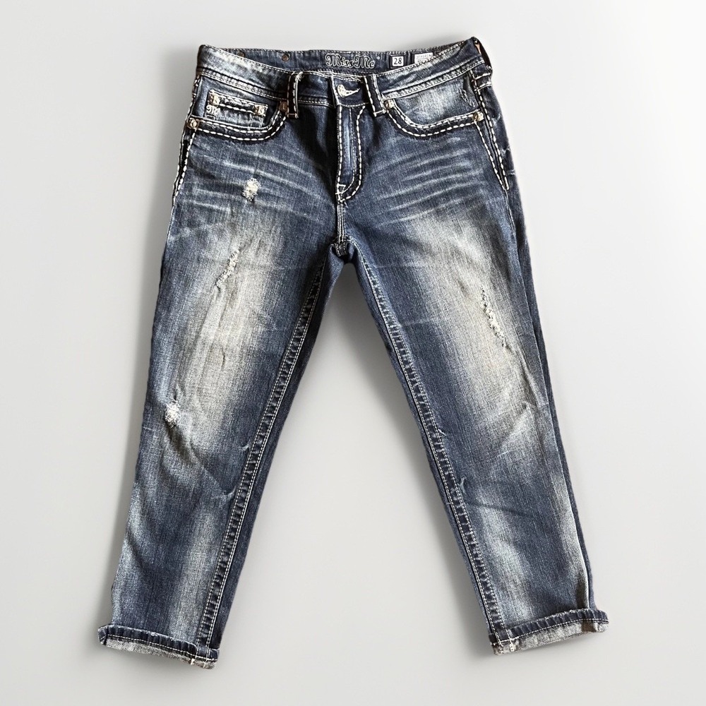 Miss Me Boyfriend Jeans Womens 28 Medium Wash Distressed Contrast Stitch JPB5014